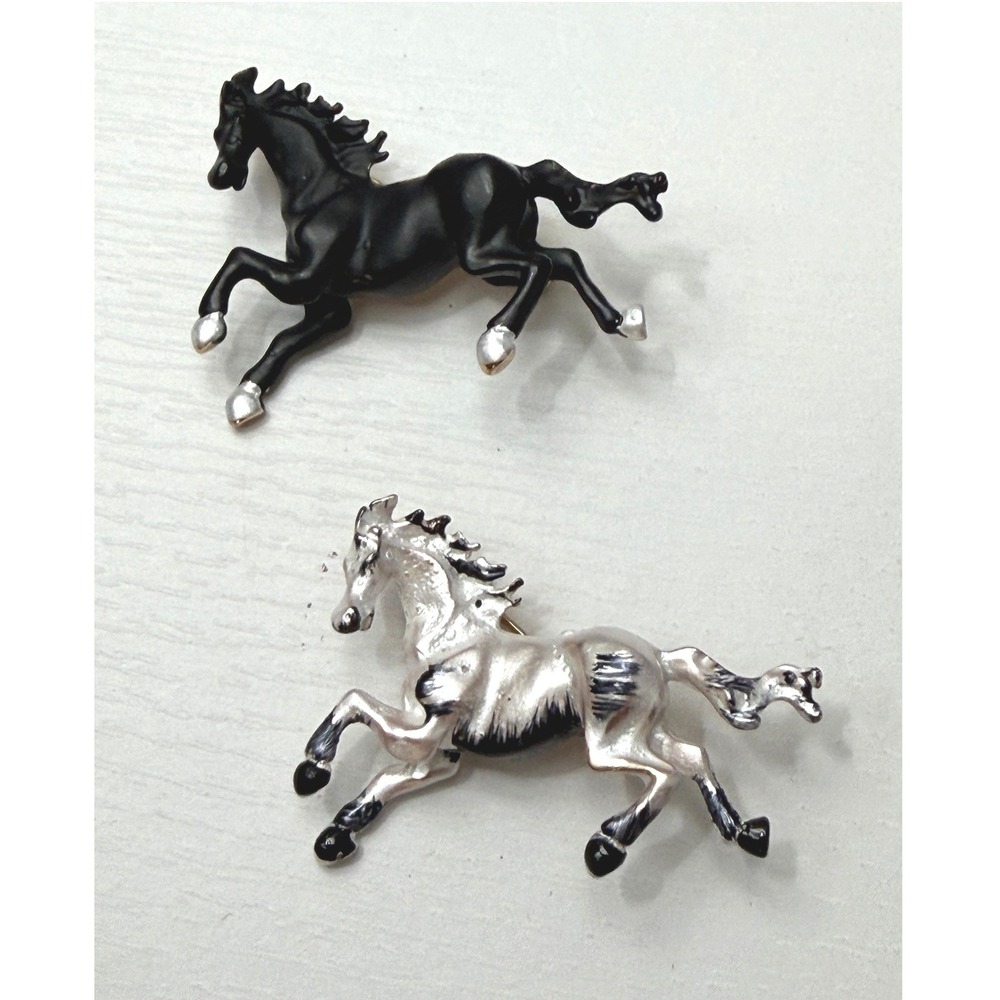 Horse Brooch Set Black Silver Tone Equestrian Stallion Western